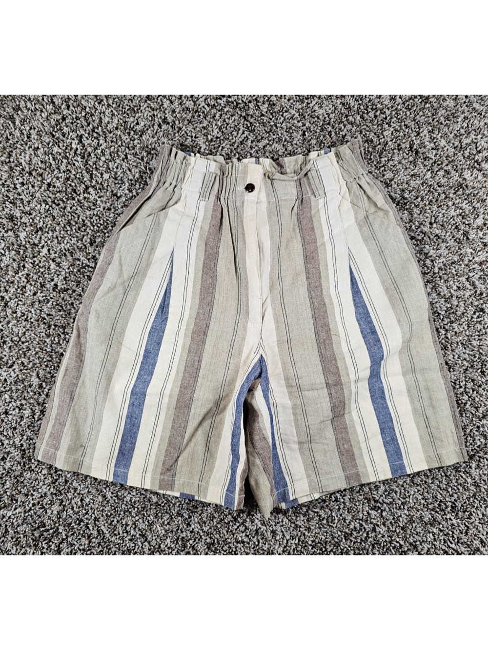 Vtg 1994 KZK Womens S Linen Blend High Waist Paperbag Style Shorts Striped Blue